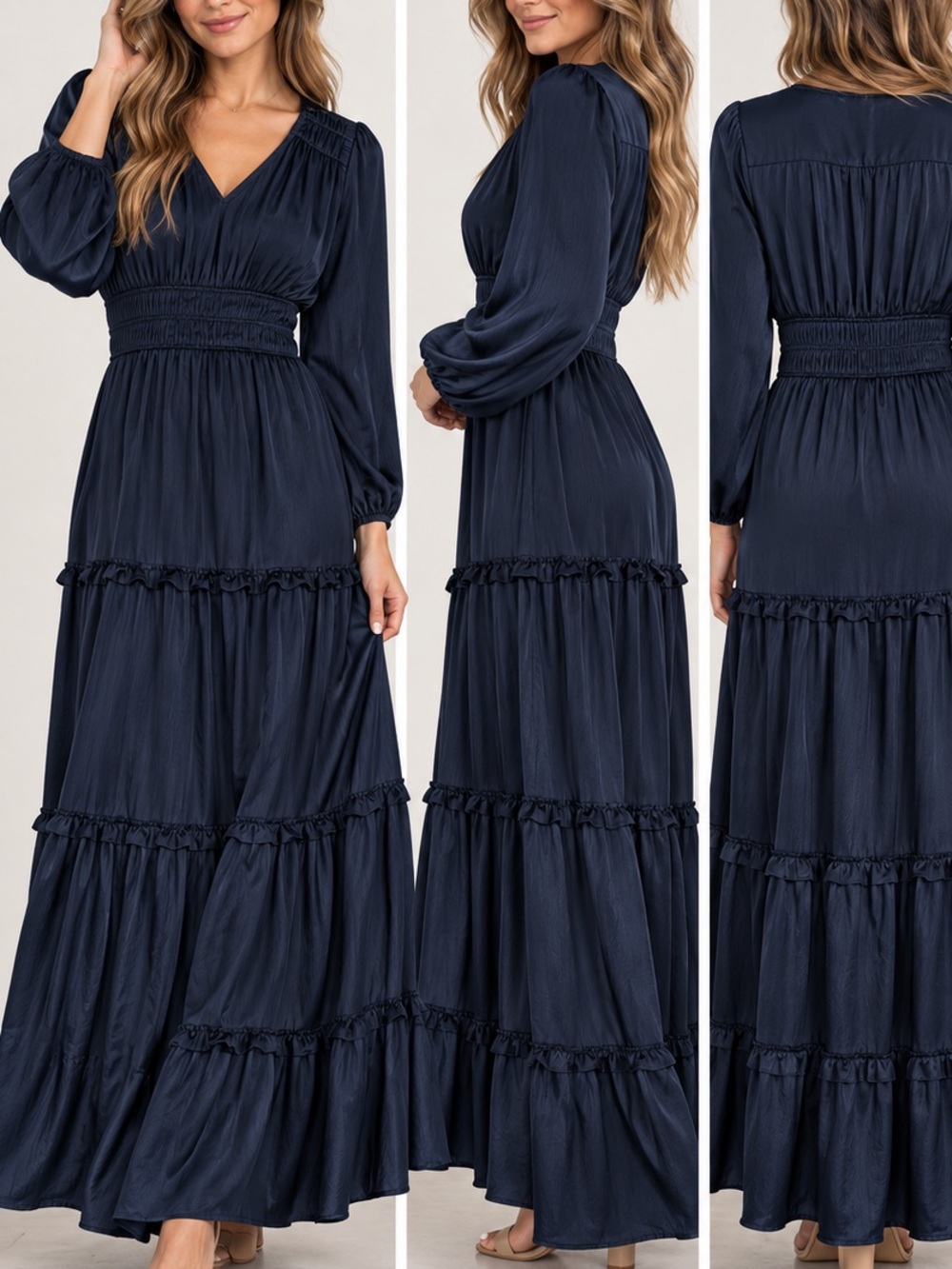 Celadon Navy Luxe Crinkle Satin Tiered Maxi Dress Smocked V-Neck Size S
